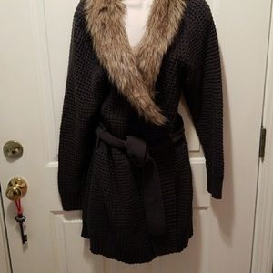 Long Faux Fur Collar Sweater Coat